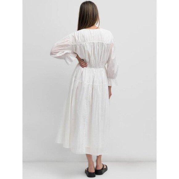 White Cotton Peasant Dress -Midi Length Smocked Waist Boho Style - Picture 4 of 4